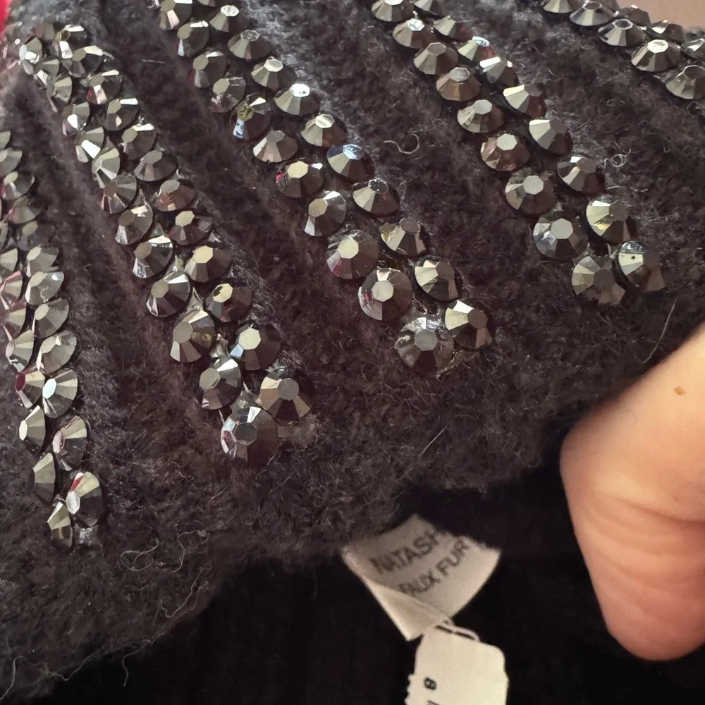 NWT Natasha Couture Black & Silver Embellished Beanie winter snow ski fashion